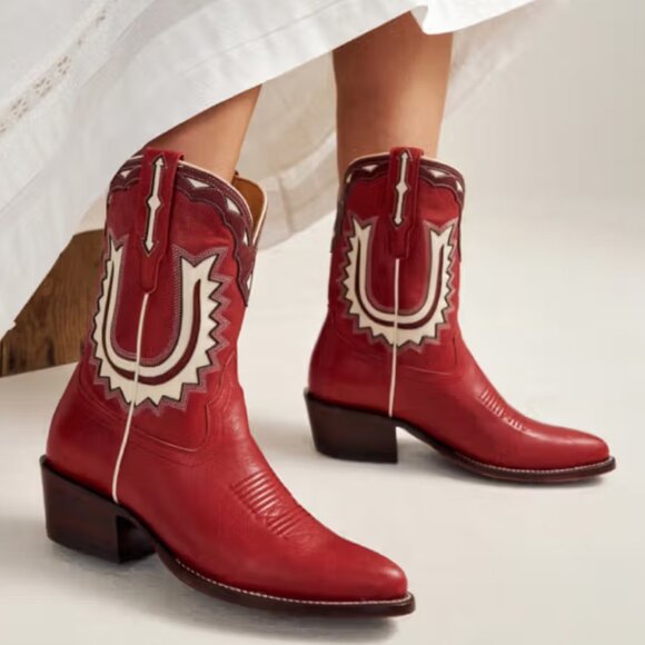 TECOVAS Jolene Leather Cowgirl Boots in Crimson/Bone NEW 8.5 - Picture 1 of 8